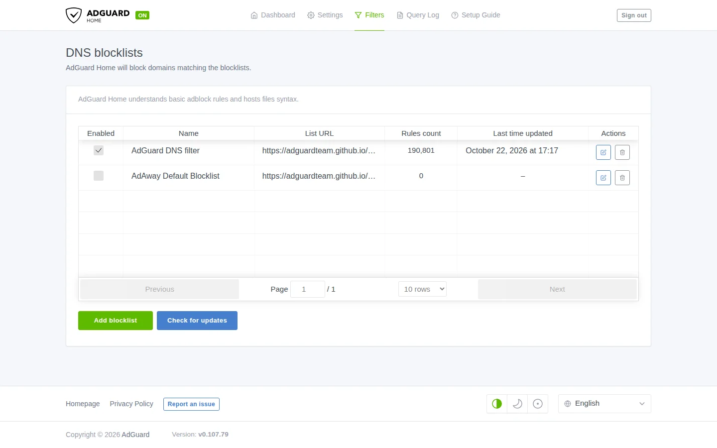 AdGuard Home DNS blocklists page showing the AdGuard DNS filter enabled with 190,801 rules and an AdAway list available, with add blocklist and check for updates buttons