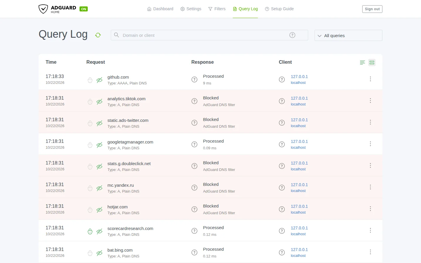 AdGuard Home query log listing DNS requests with time, domain, response and client, where ad and tracker domains are marked as blocked by the AdGuard DNS filter