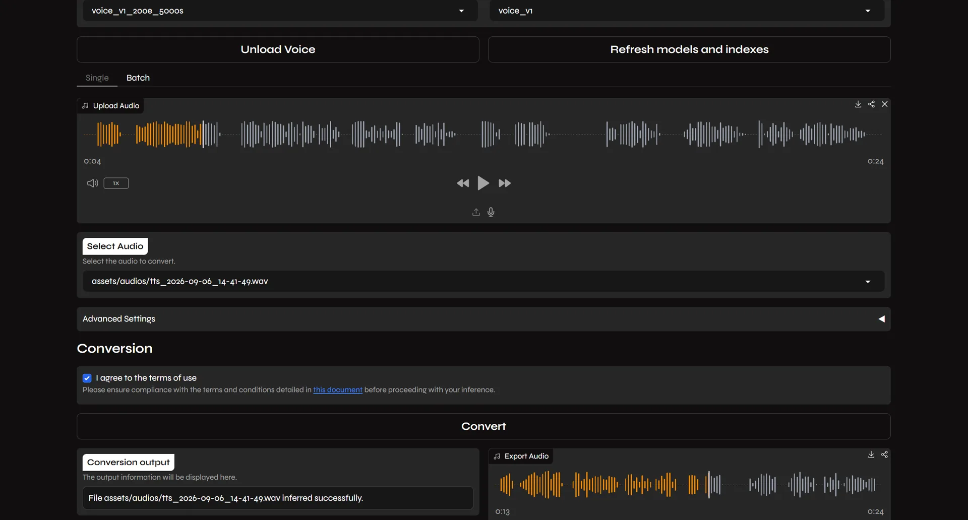 Applio after a conversion, showing the uploaded audio waveform, the Convert button and the converted audio ready to play