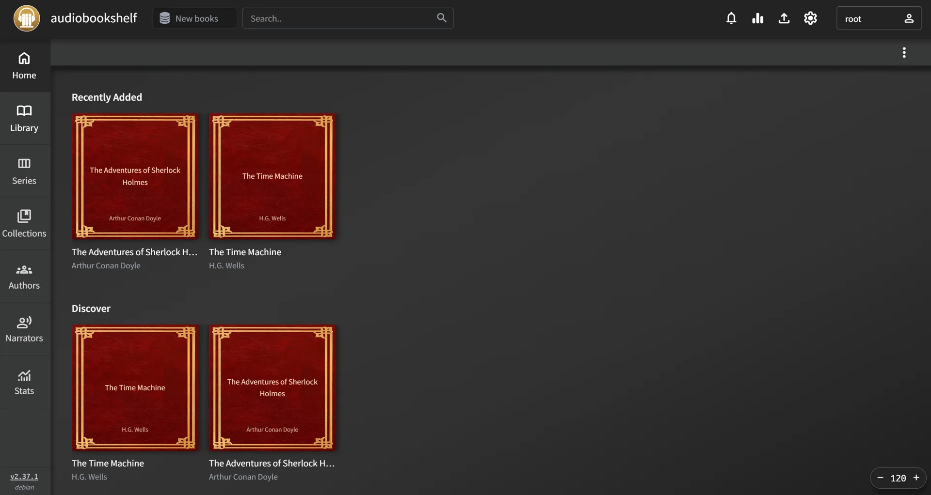 Audiobookshelf home page with Recently Added and Discover shelves showing audiobook covers