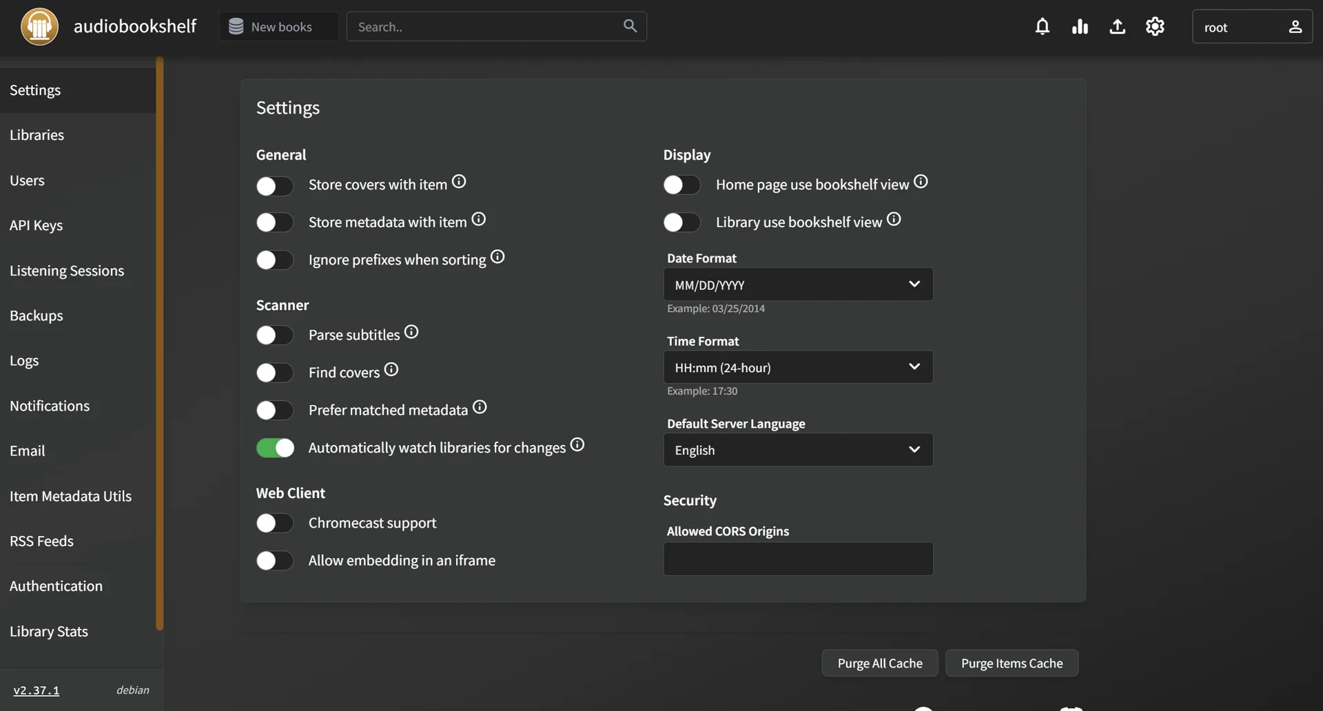 Audiobookshelf server settings with scanner, display and web client options