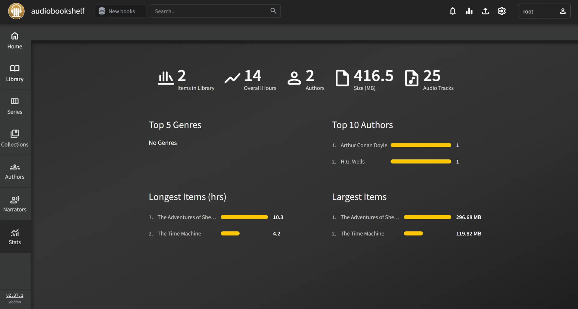 Audiobookshelf library stats page with item count, total hours, authors, size and longest and largest items