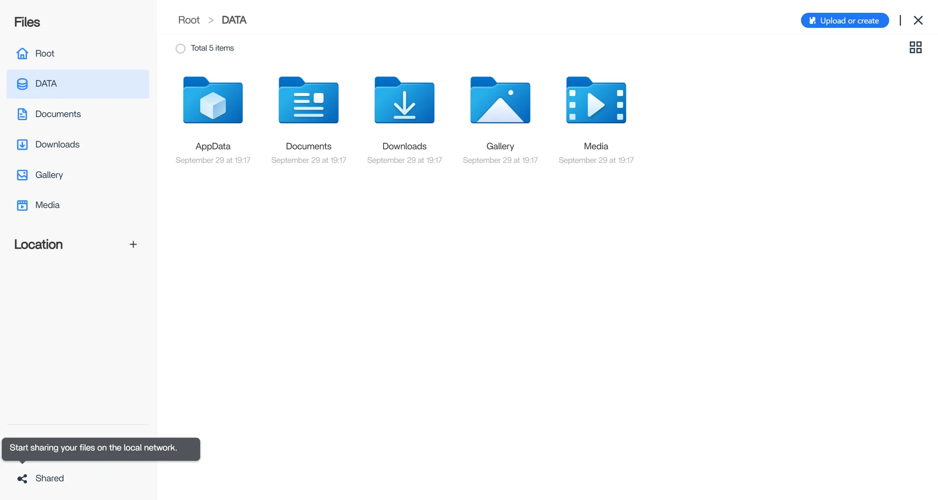 CasaOS built-in Files app showing the folder structure of a mounted data drive