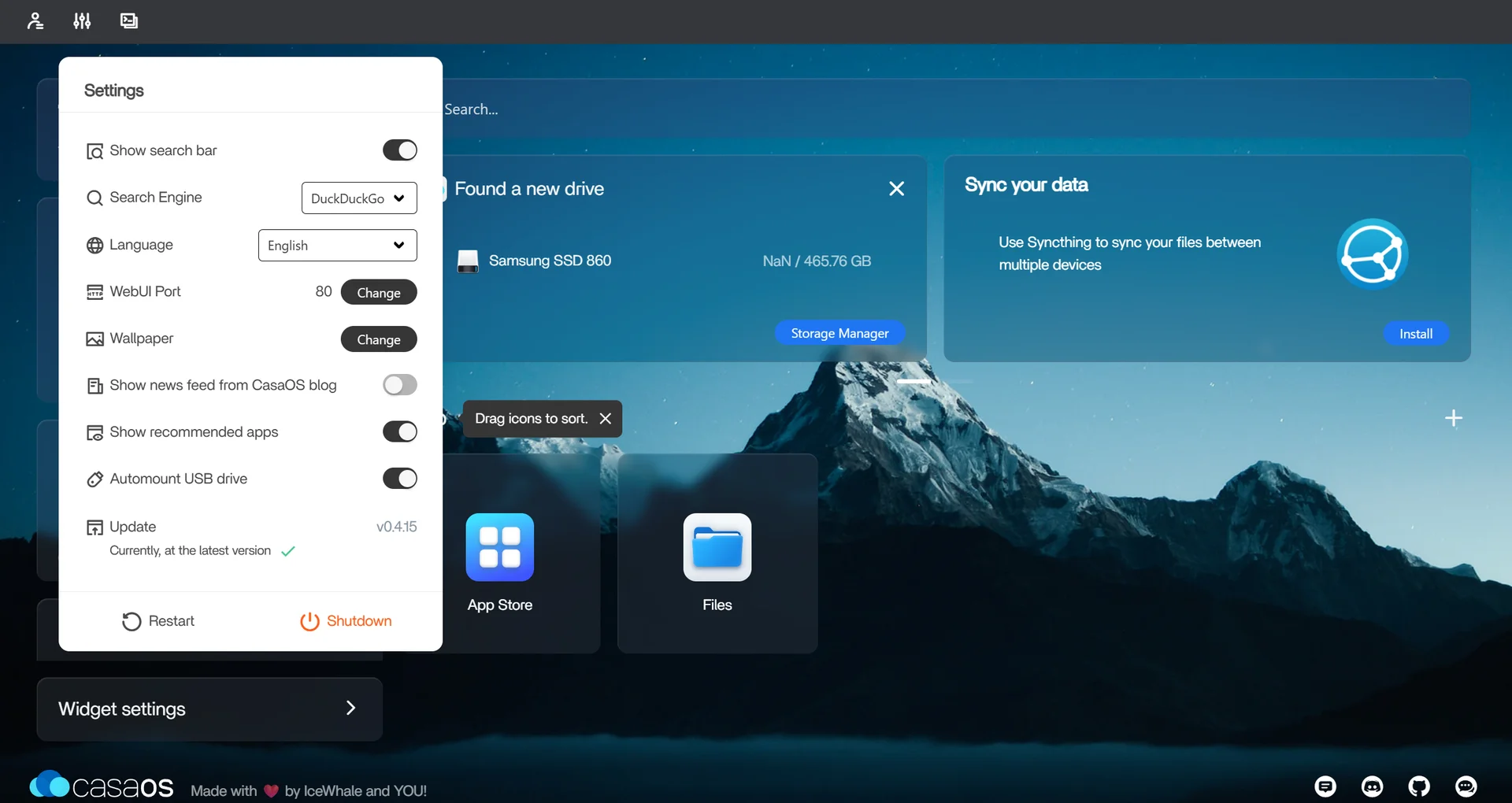 CasaOS settings panel showing WebUI port, wallpaper, update status and system controls