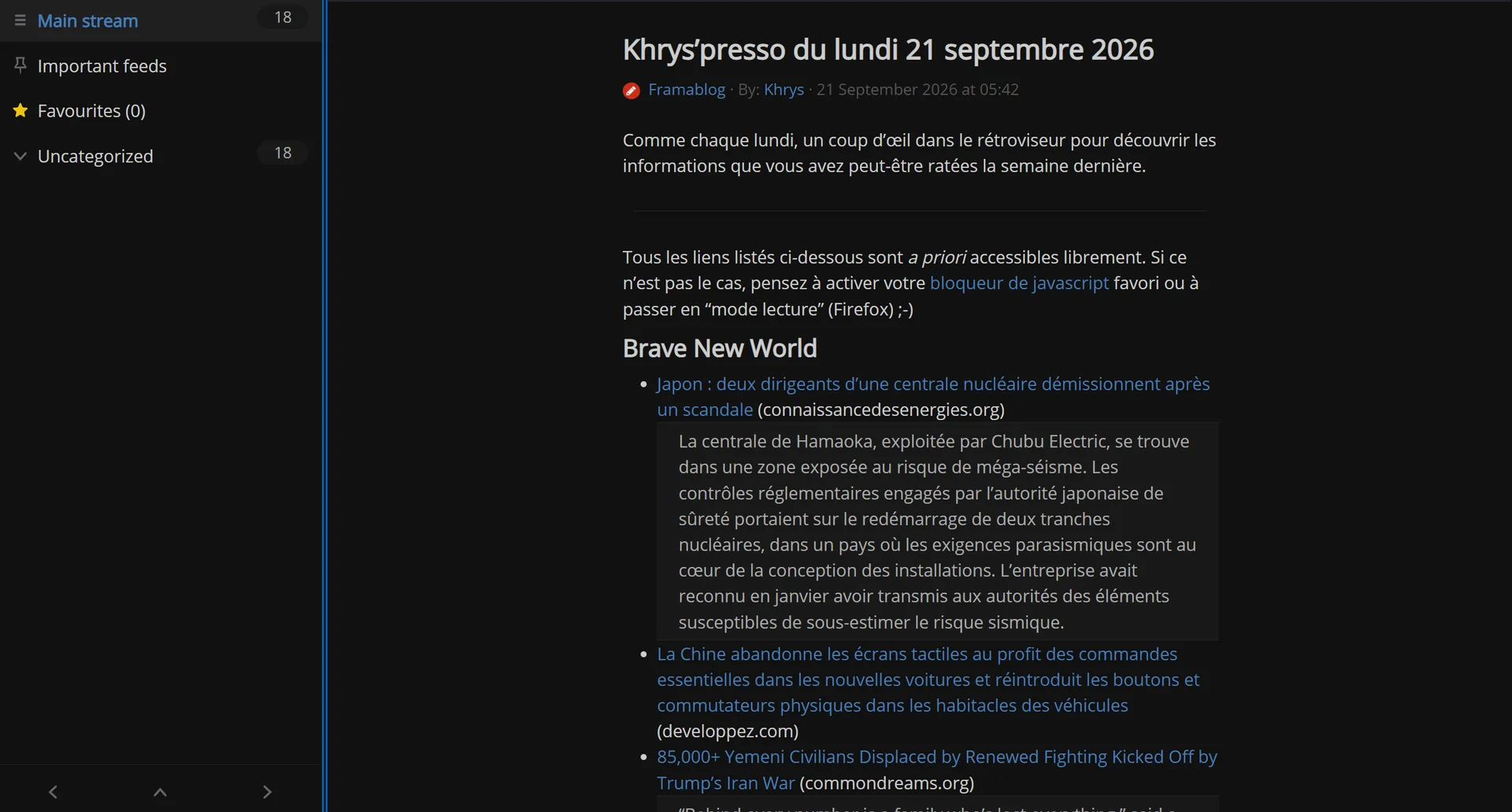 FreshRSS article reading pane showing a full article with save and share actions