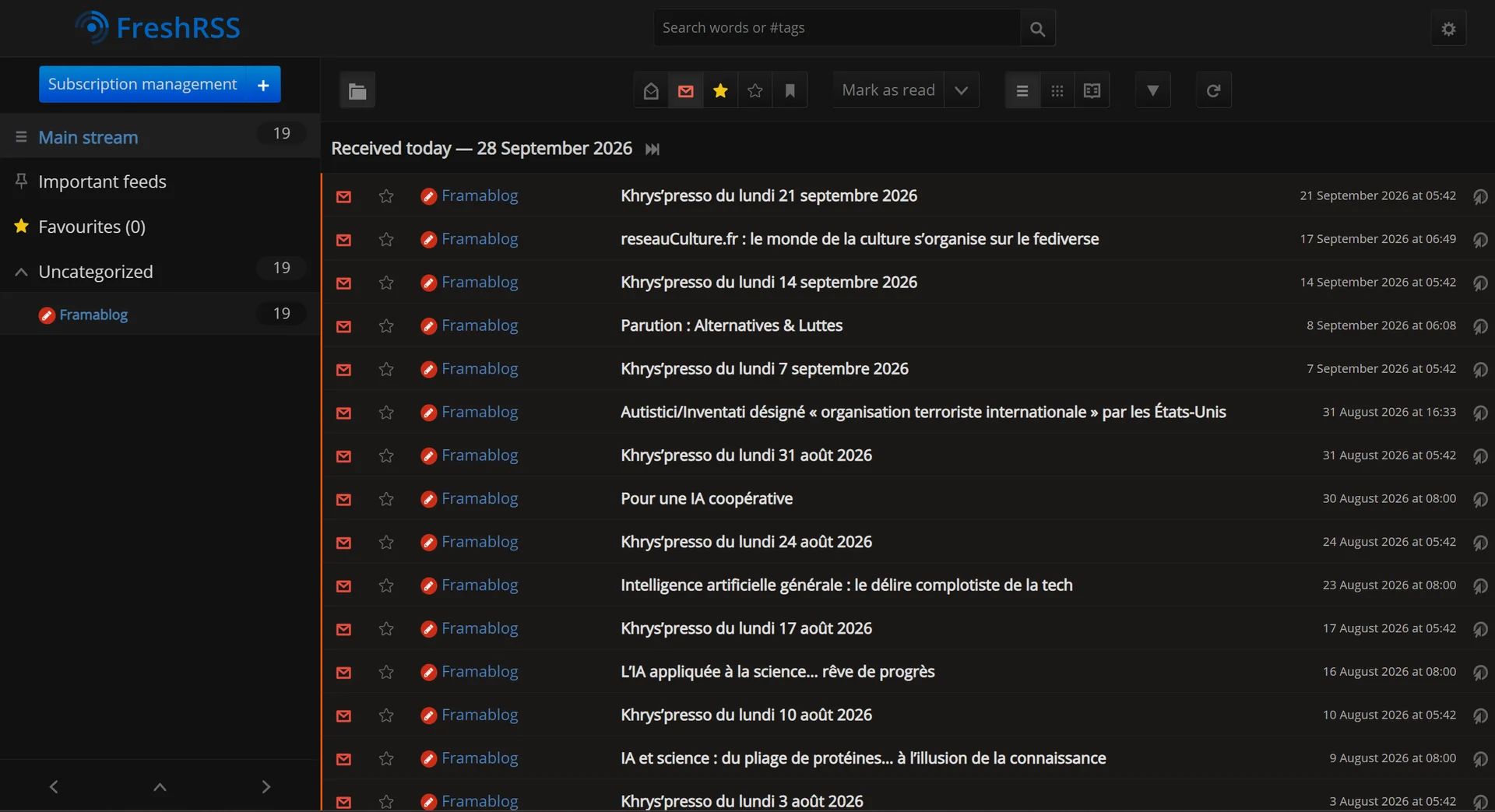 FreshRSS reader view showing an article list grouped by feed category