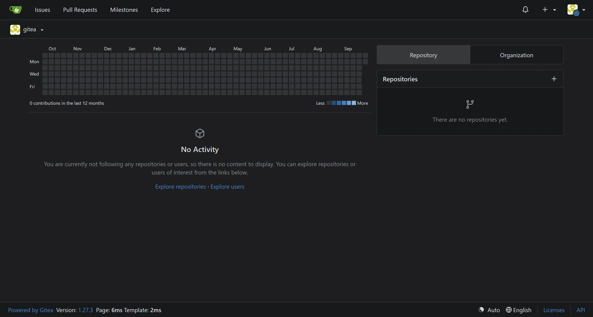 Gitea dashboard showing a list of repositories with activity and issue counts