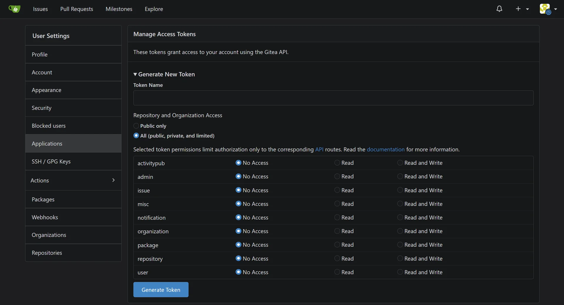 Gitea site administration settings screen showing users and organization management