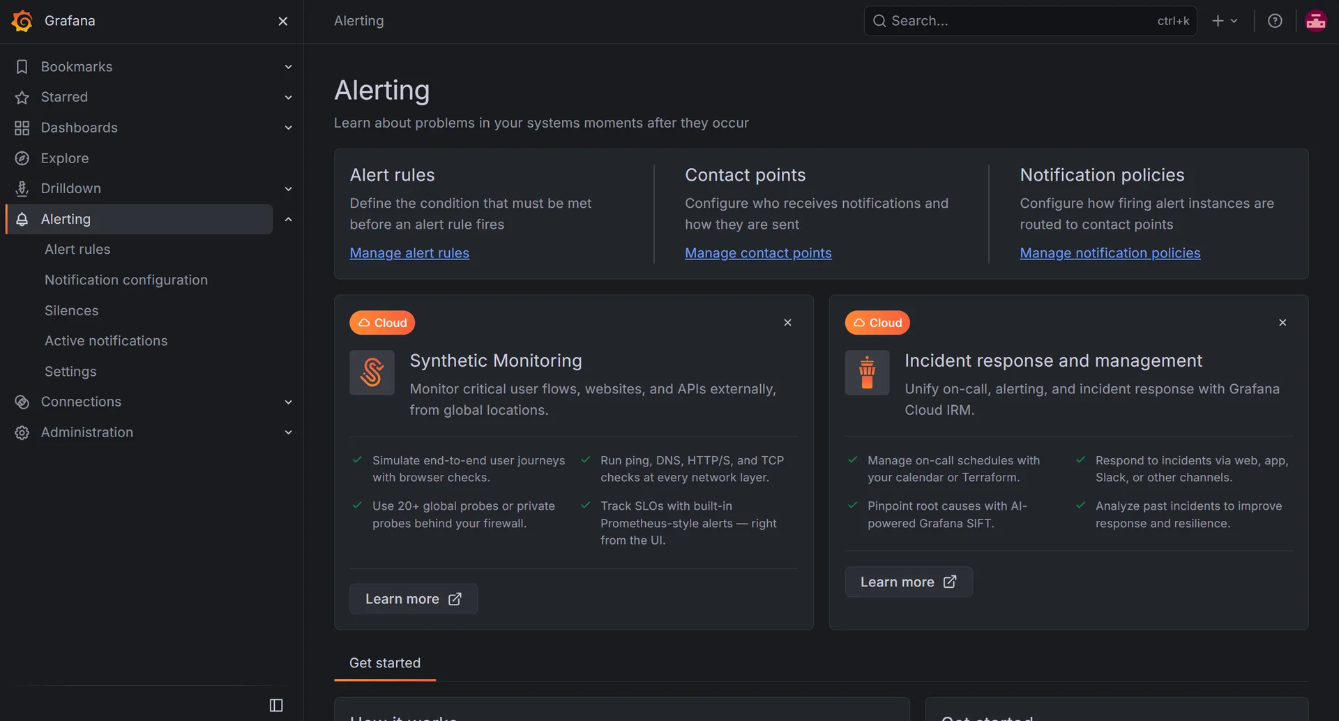 Grafana alerting rules list showing configured alert conditions and notification channels