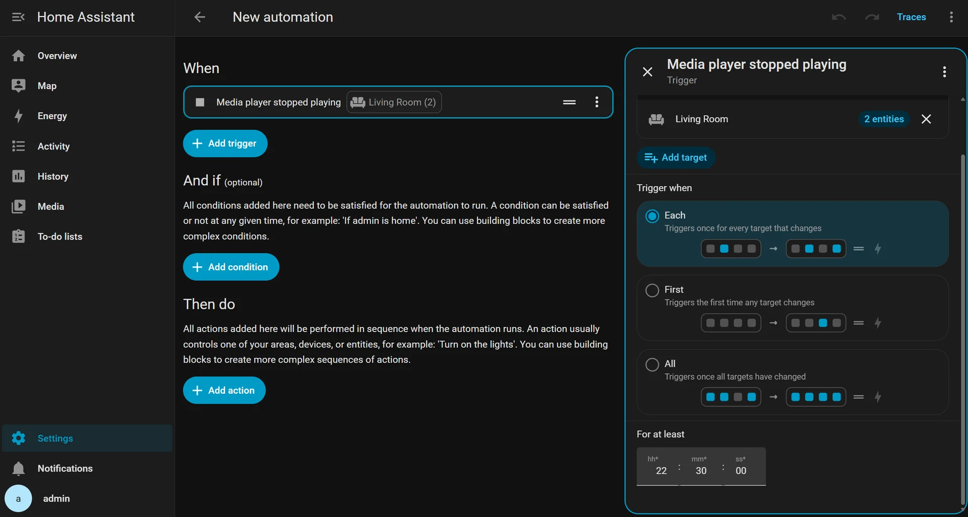 Home Assistant automation editor showing a trigger-condition-action flow