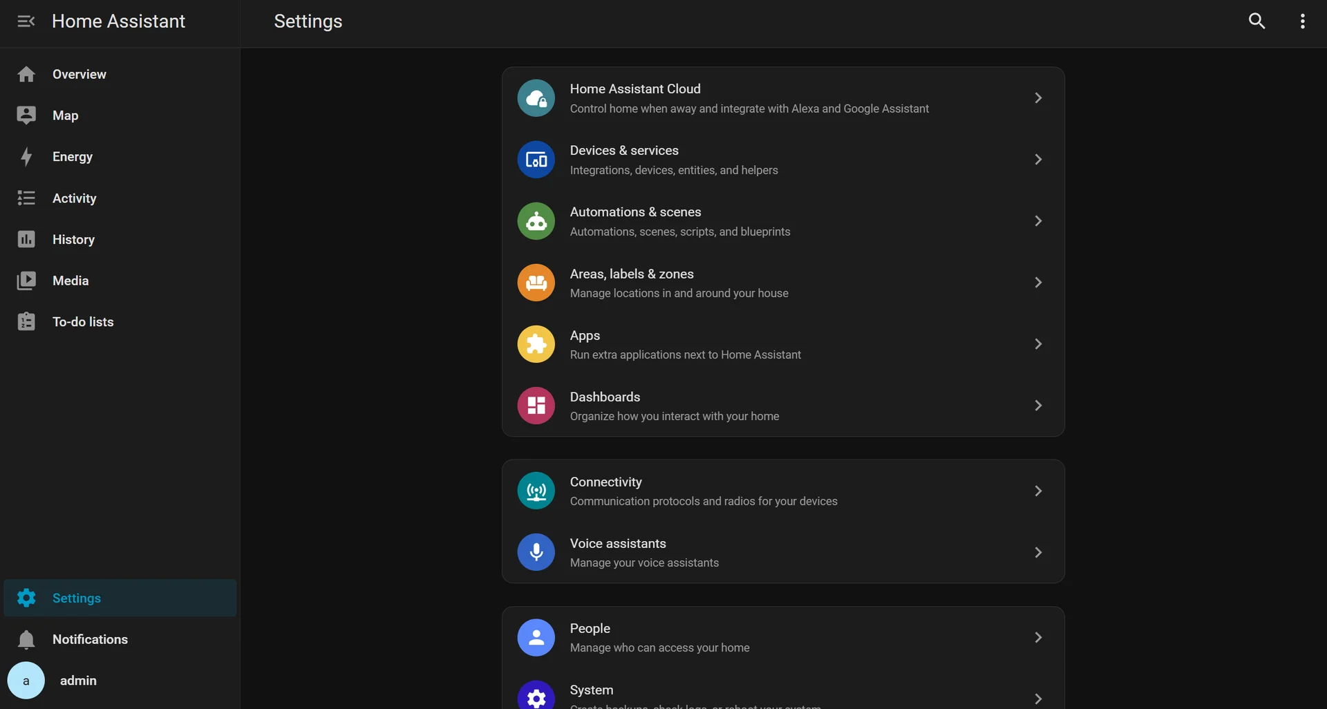 Home Assistant integrations settings screen listing connected devices and services