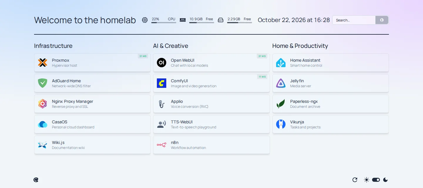 The same Homepage dashboard in light theme with a soft blue and lilac gradient background