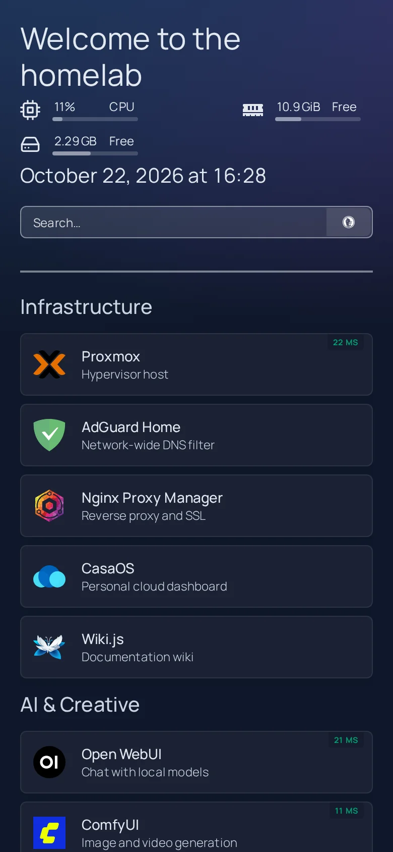 Homepage dashboard on a phone-sized screen with the service groups stacked in a single column