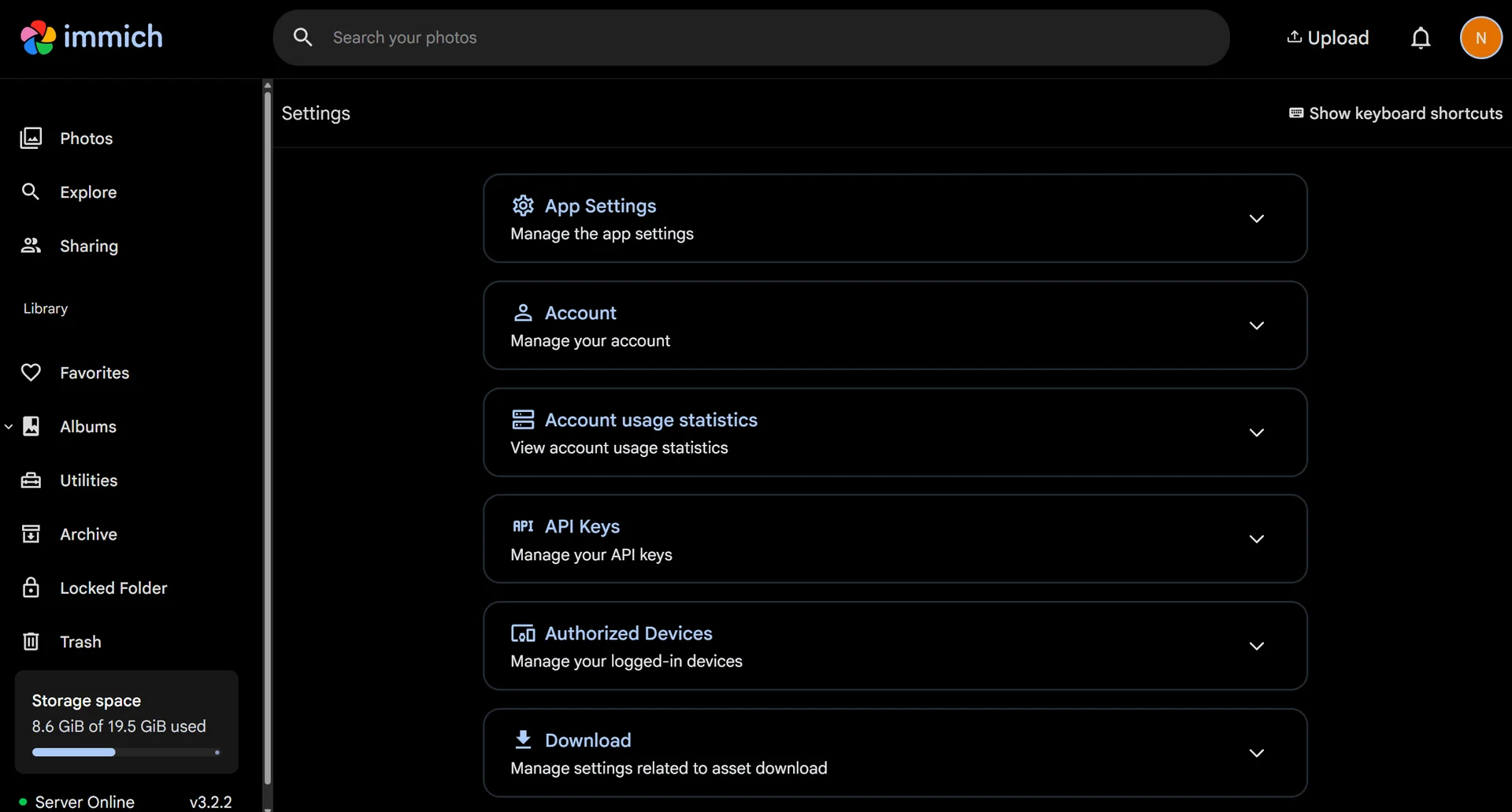 Immich administration settings screen for server configuration