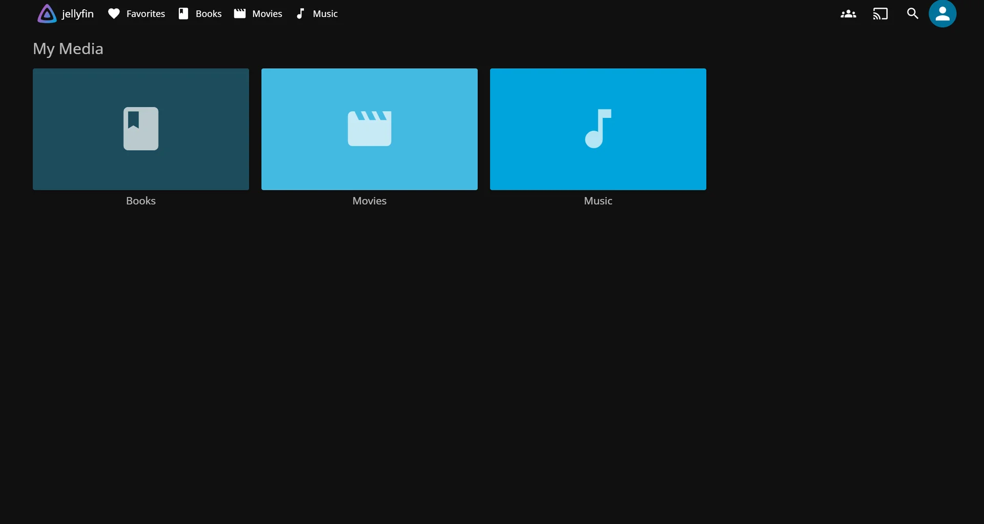 Jellyfin home screen showing continue watching row and library shelves for movies and shows
