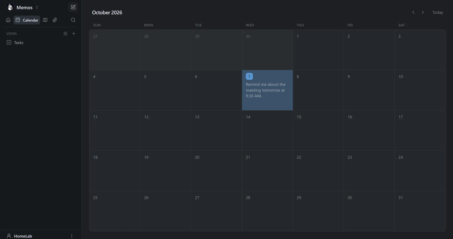 Memos calendar view showing a note attached to its creation date