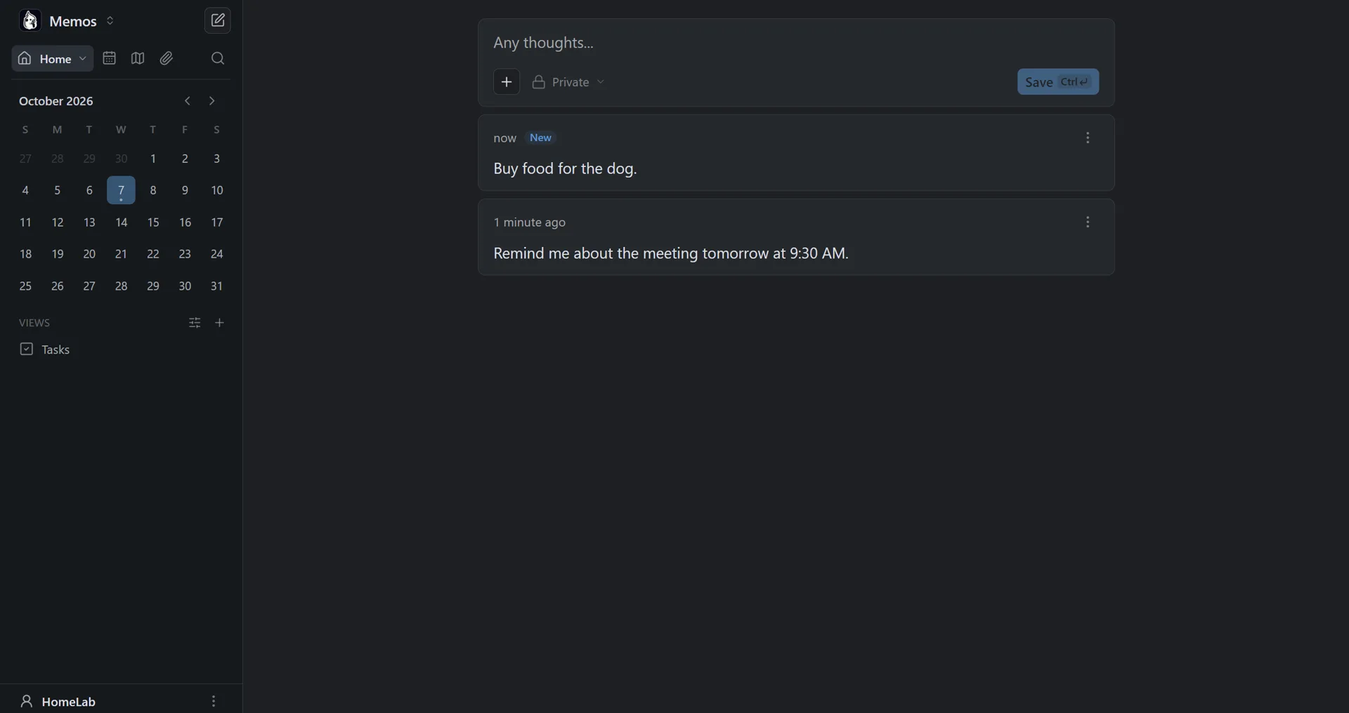 Memos home feed with a quick-capture box, a calendar sidebar and two saved notes