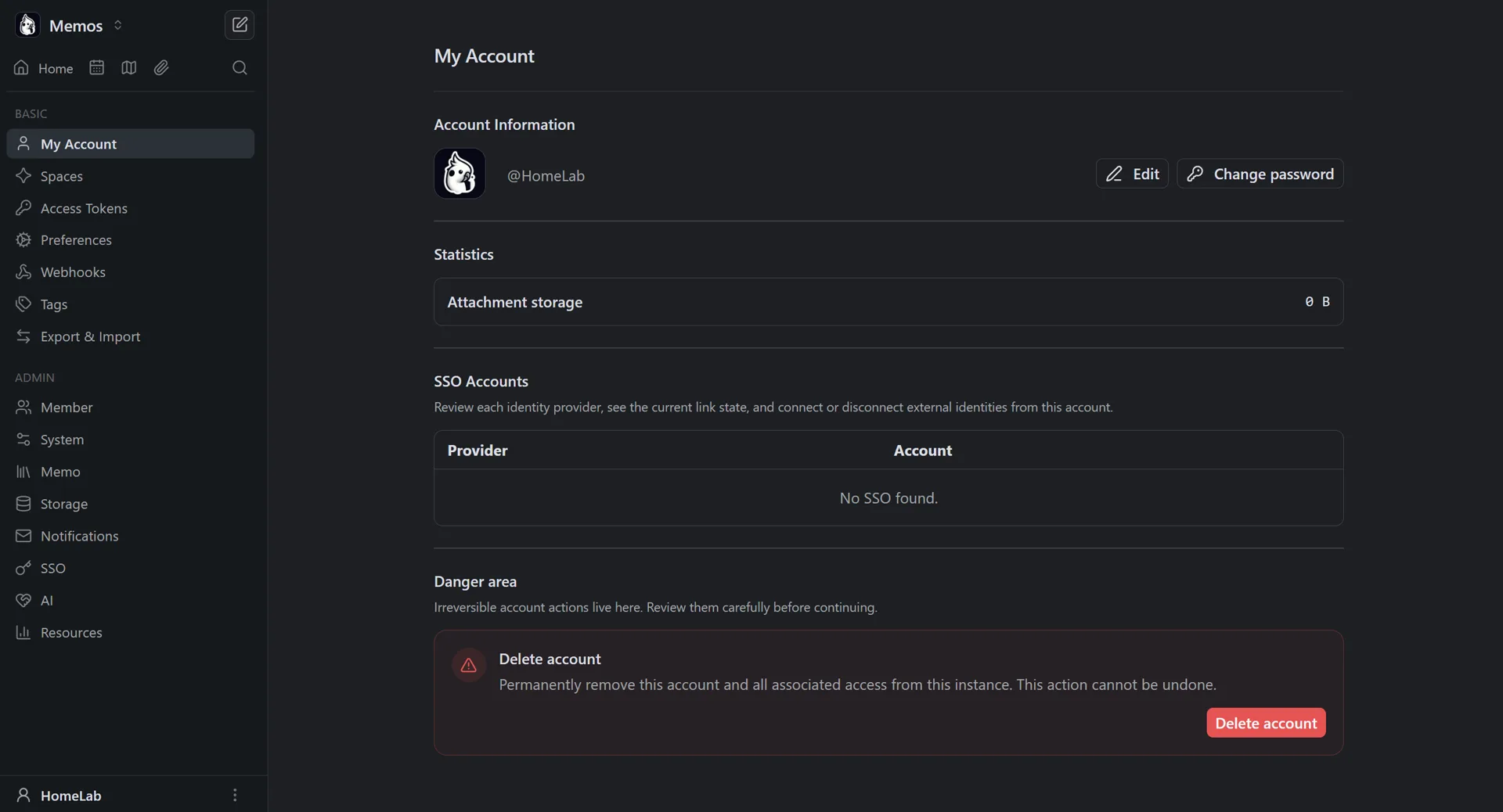 Memos account settings page with admin sections for members, system, storage, SSO and webhooks