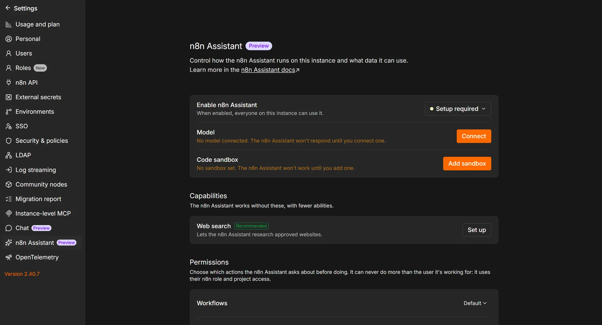 n8n credentials and settings screen for managing connected services