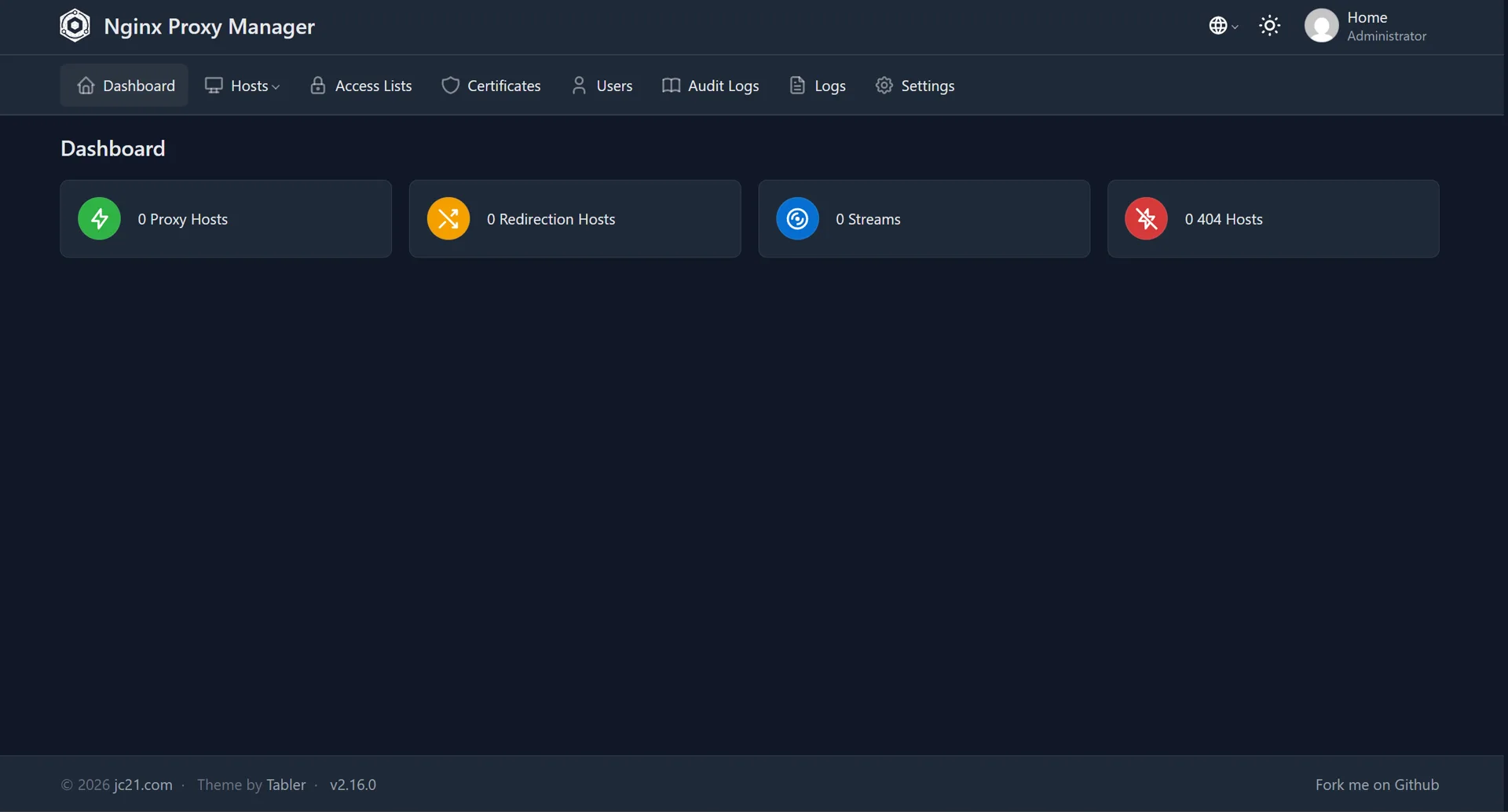 Nginx Proxy Manager dashboard showing counters for proxy hosts, redirection hosts, streams and 404 hosts