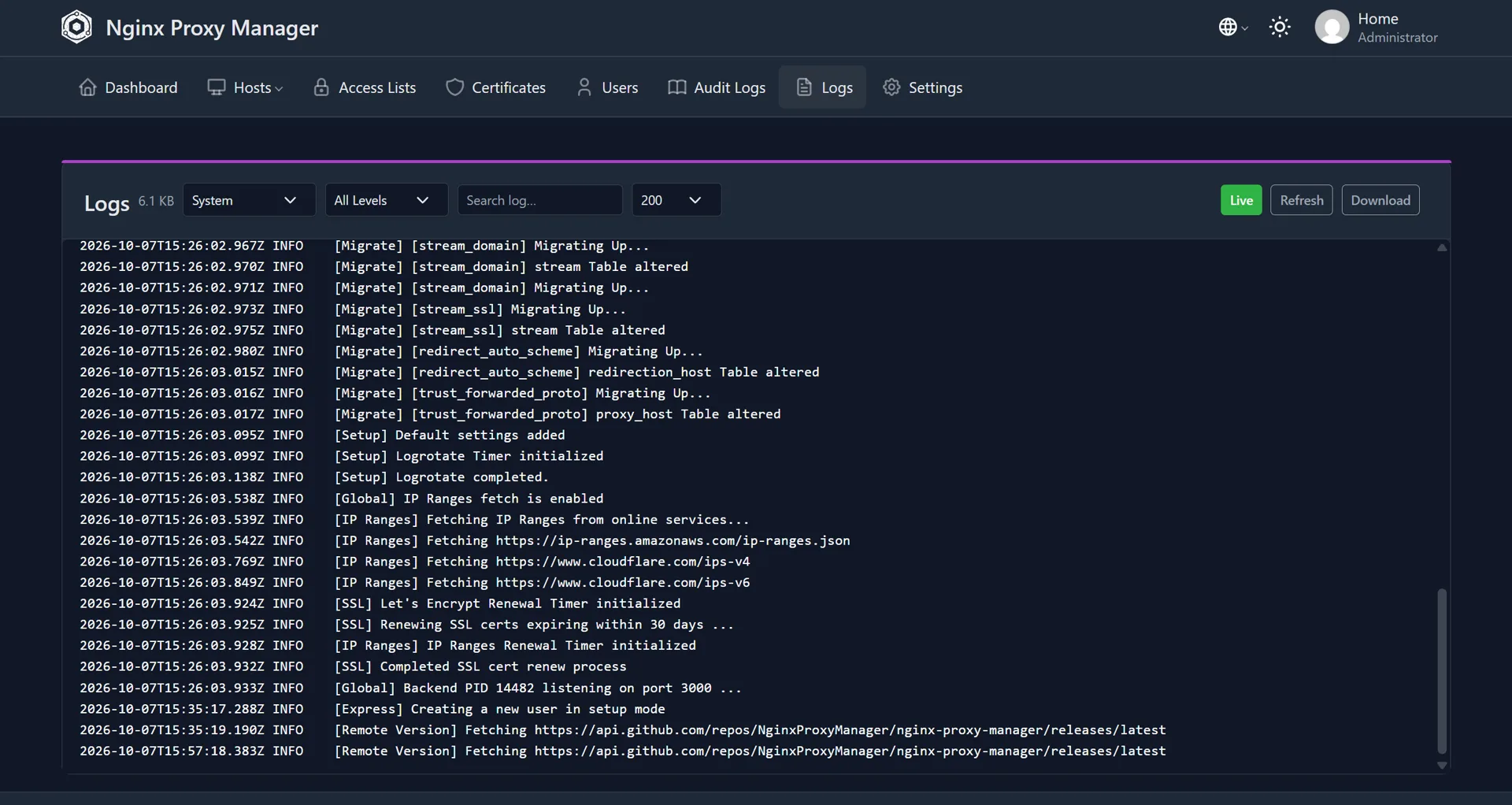 Nginx Proxy Manager system log viewer with live filtering and download