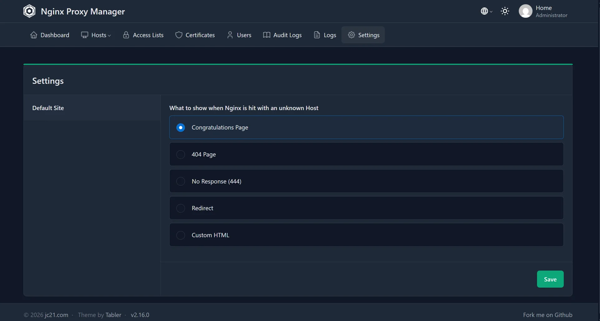 Nginx Proxy Manager settings page with the default site options for unknown hosts