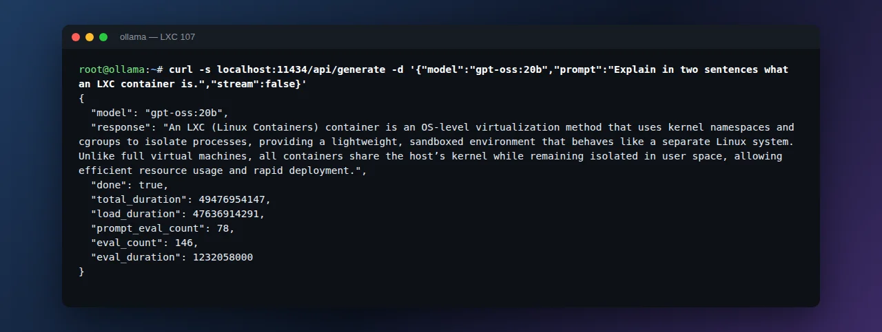 Terminal showing a curl request to the Ollama generate API on port 11434 and the JSON answer with load and evaluation timings (some fields omitted)