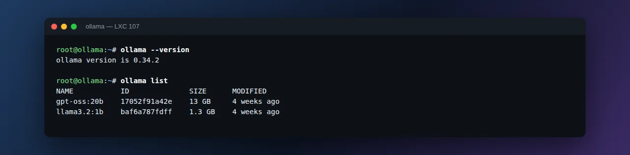 Terminal showing ollama version 0.34.2 and the ollama list command with two downloaded models, gpt-oss:20b at 13 GB and llama3.2:1b at 1.3 GB