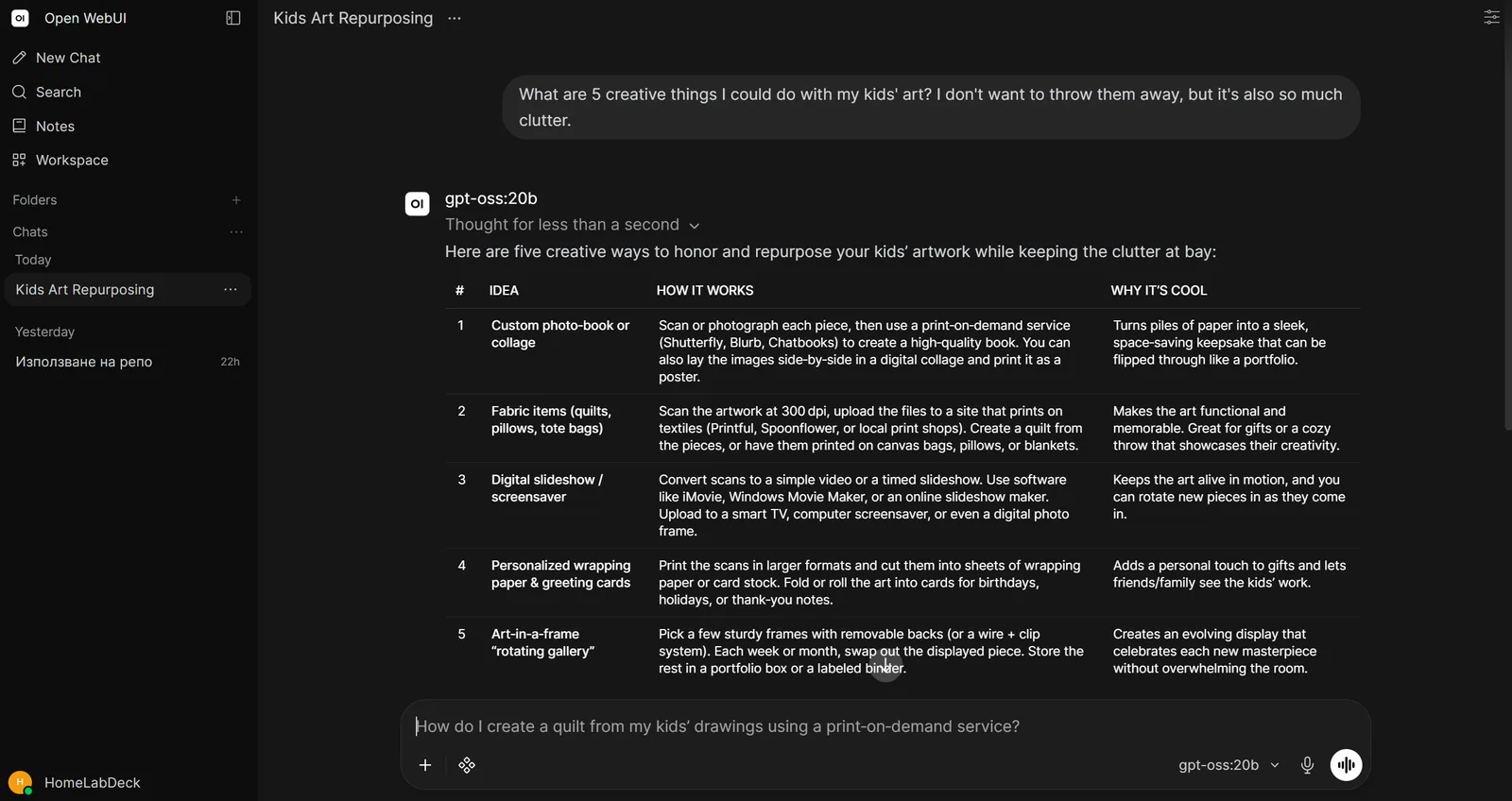 Open WebUI chat with gpt-oss:20b answering a question with a formatted table of five ideas