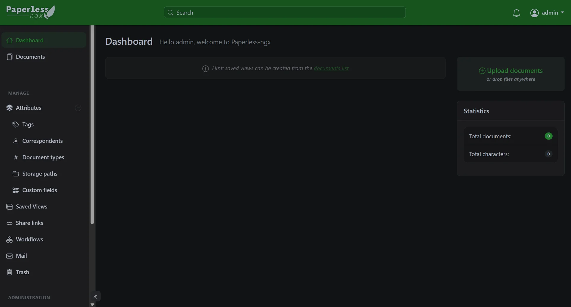 Paperless-ngx dashboard showing document statistics and quick upload panel