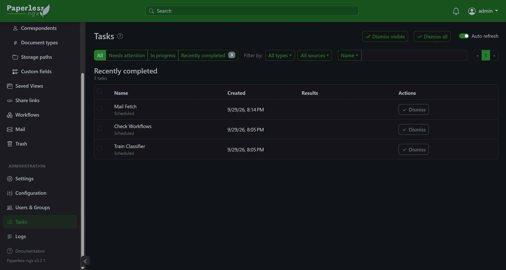 Paperless-ngx tasks screen showing recently completed background jobs like mail fetch and classifier training