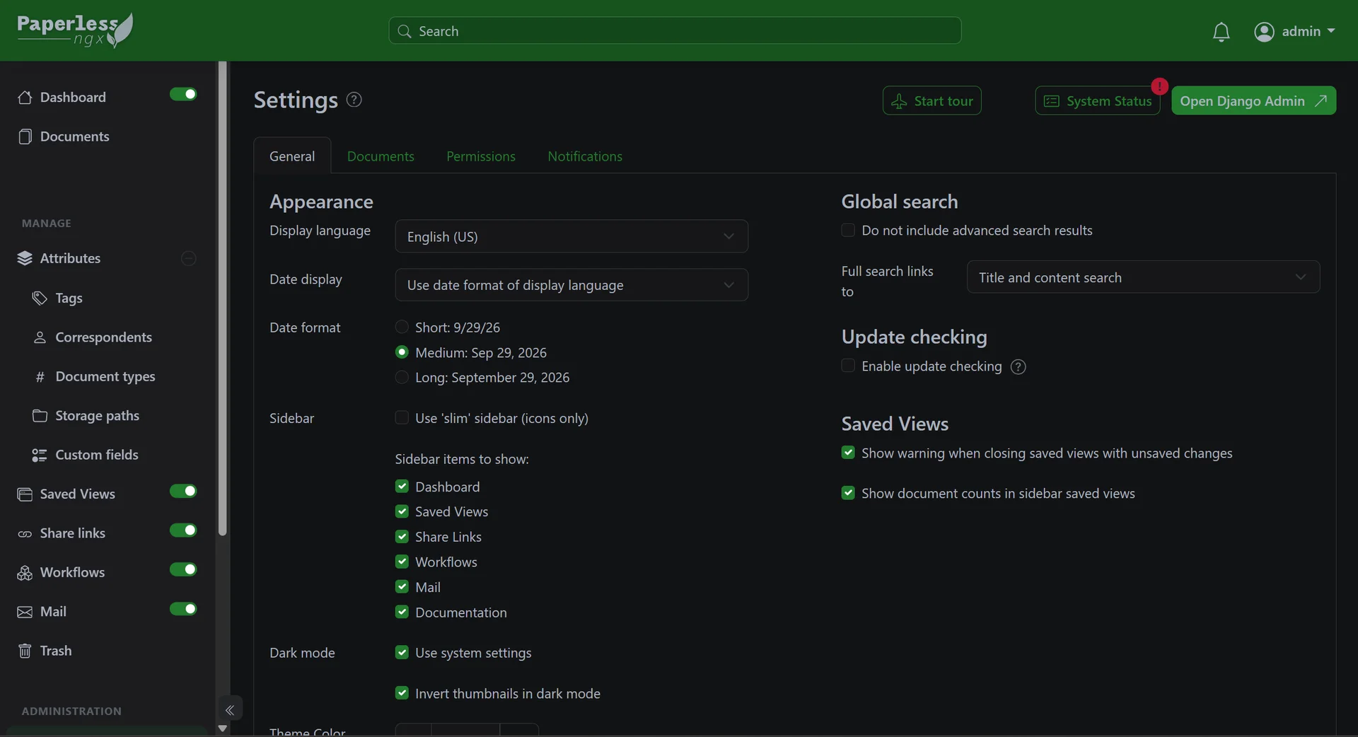 Paperless-ngx settings screen for appearance, date format, sidebar and global search options