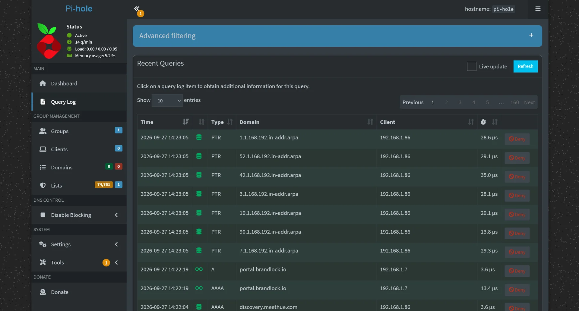 Pi-hole query log showing individual DNS requests with allowed and blocked status