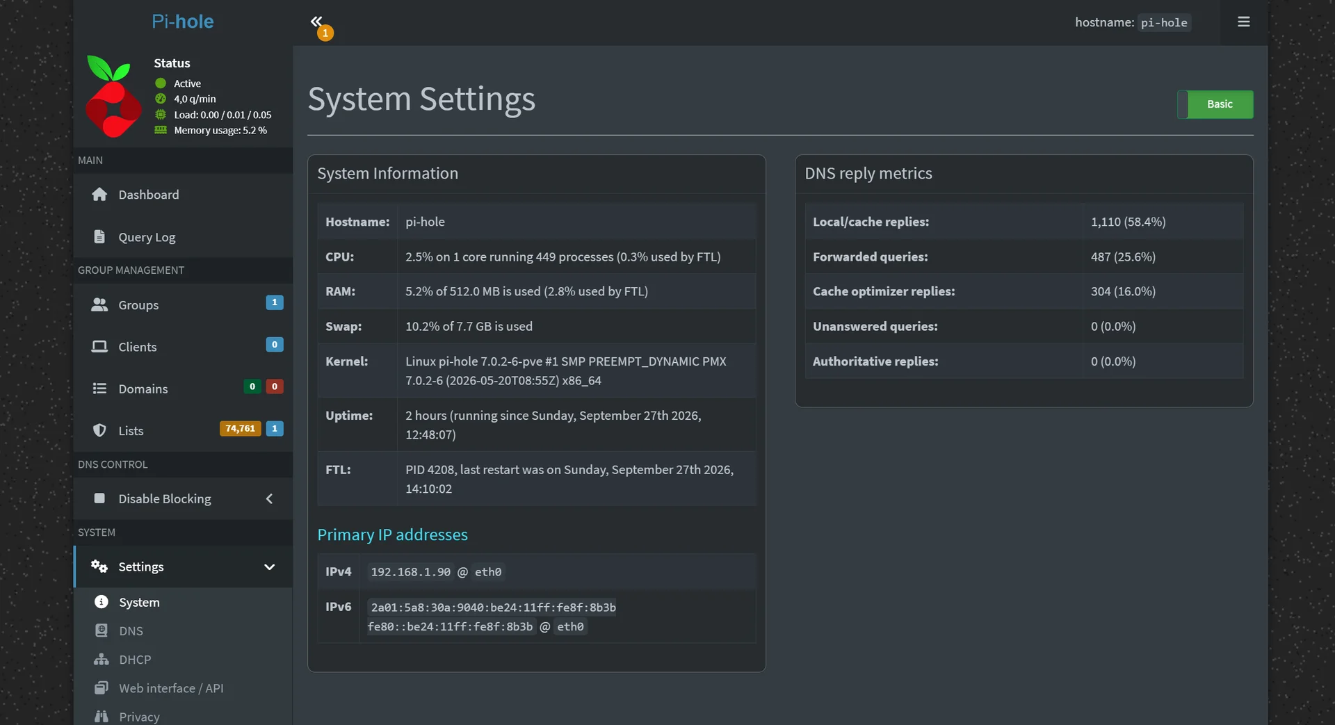 Pi-hole settings screen showing DNS upstream servers and blocklist management