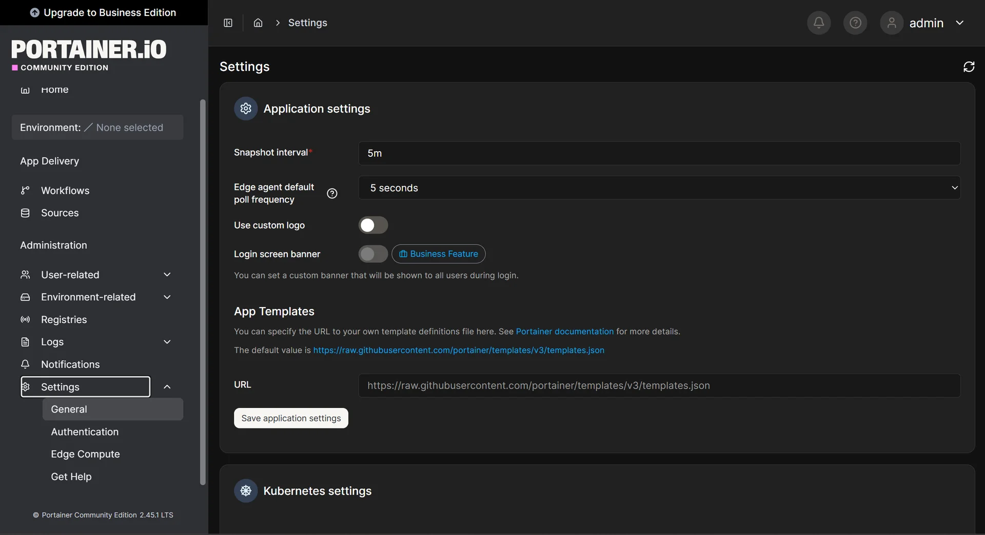 Portainer application settings screen showing snapshot interval, Edge agent poll frequency and app template configuration