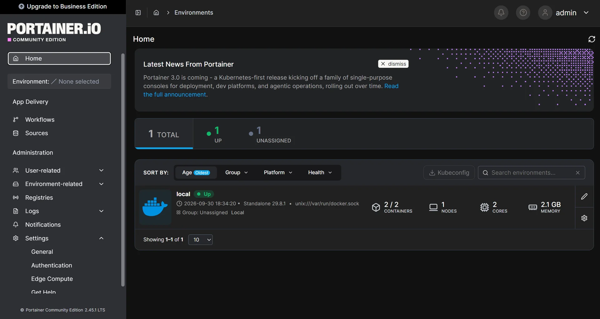 Portainer Home screen listing the connected local Docker environment with container and resource counts