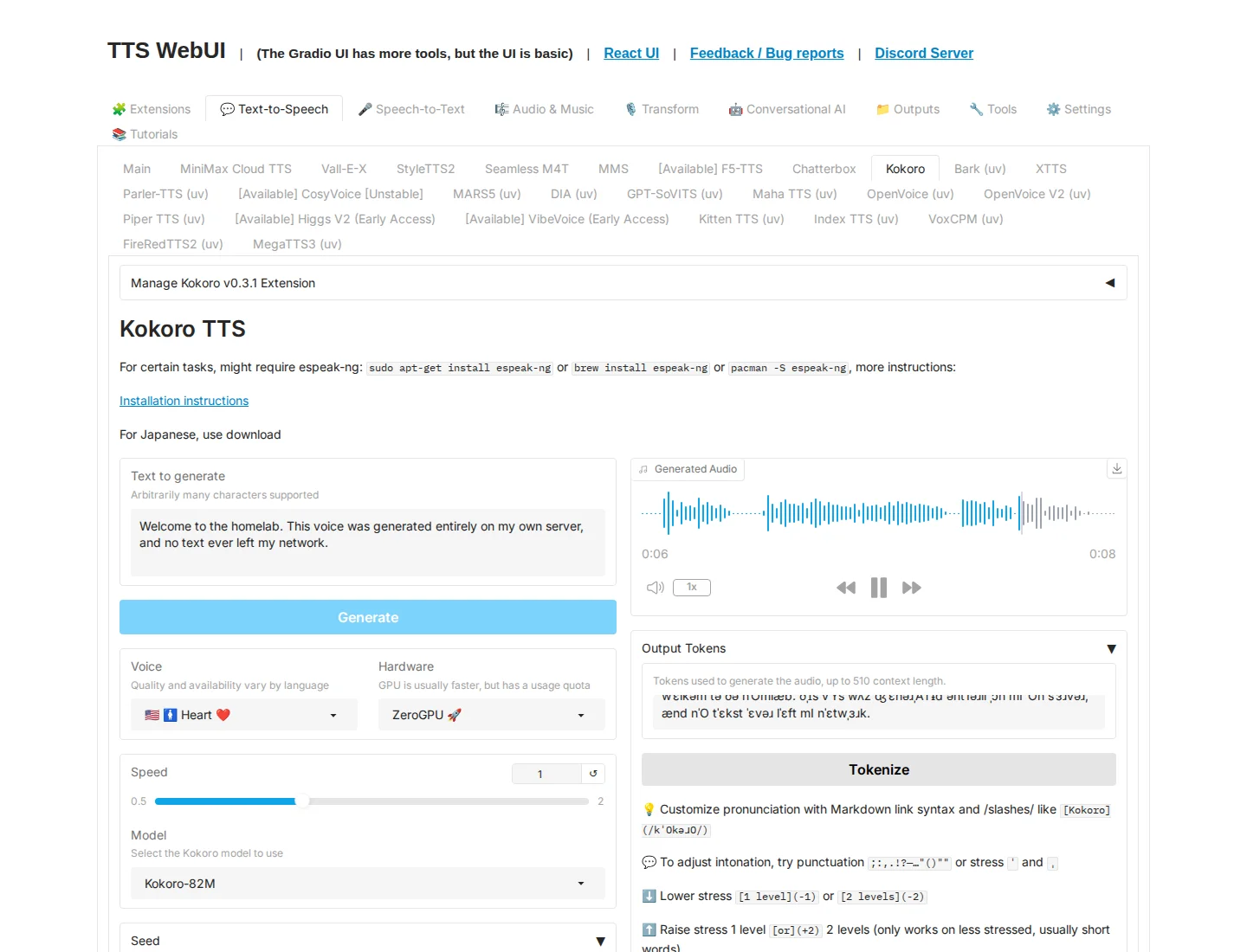 TTS-WebUI Gradio interface on the Kokoro tab after generating audio, showing the entered text, the generated waveform of about 8 seconds, the Heart voice and the Kokoro-82M model