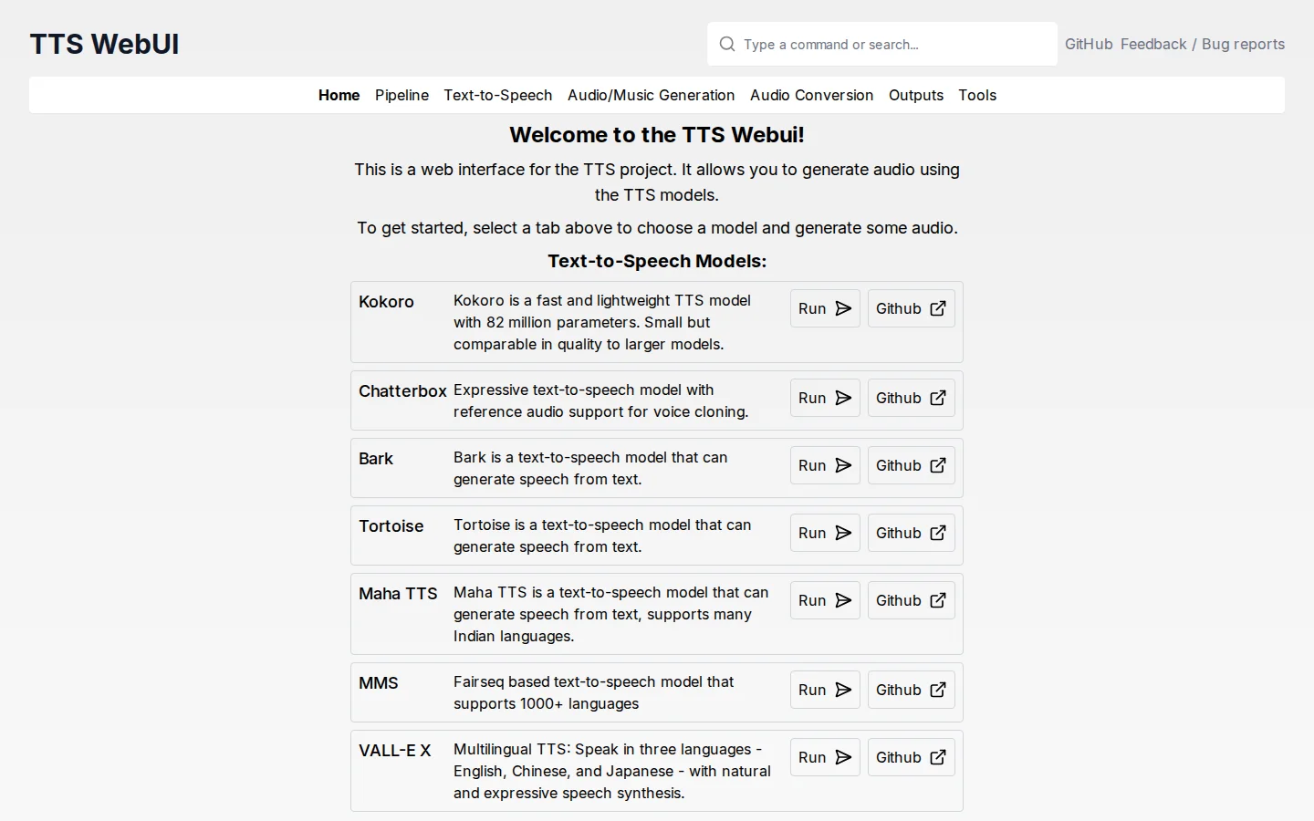 TTS-WebUI React home page with a navigation bar and a list of text-to-speech models including Kokoro, Chatterbox, Bark, Tortoise, Maha TTS, MMS and VALL-E X, each with Run and Github buttons