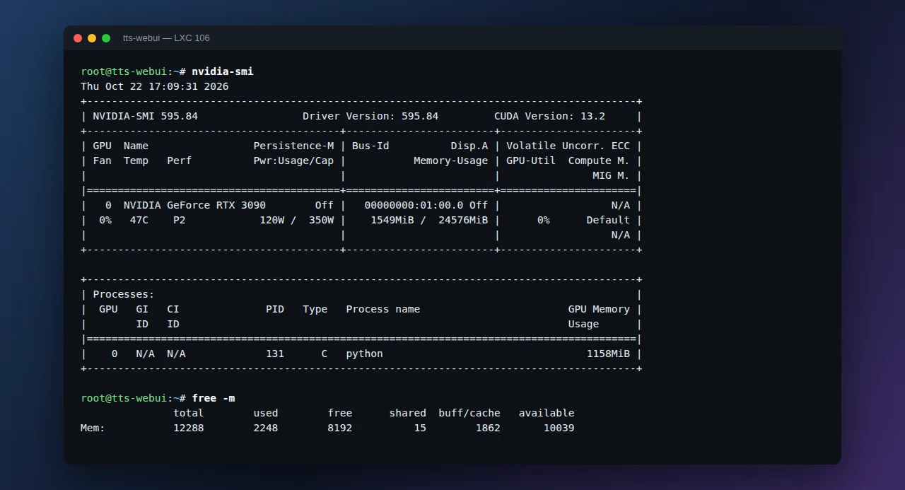 Terminal showing nvidia-smi with an RTX 3090 using about 1.5 GB of VRAM for the TTS-WebUI Python process and free -m with about 2.2 GB of RAM used in a 12 GB container