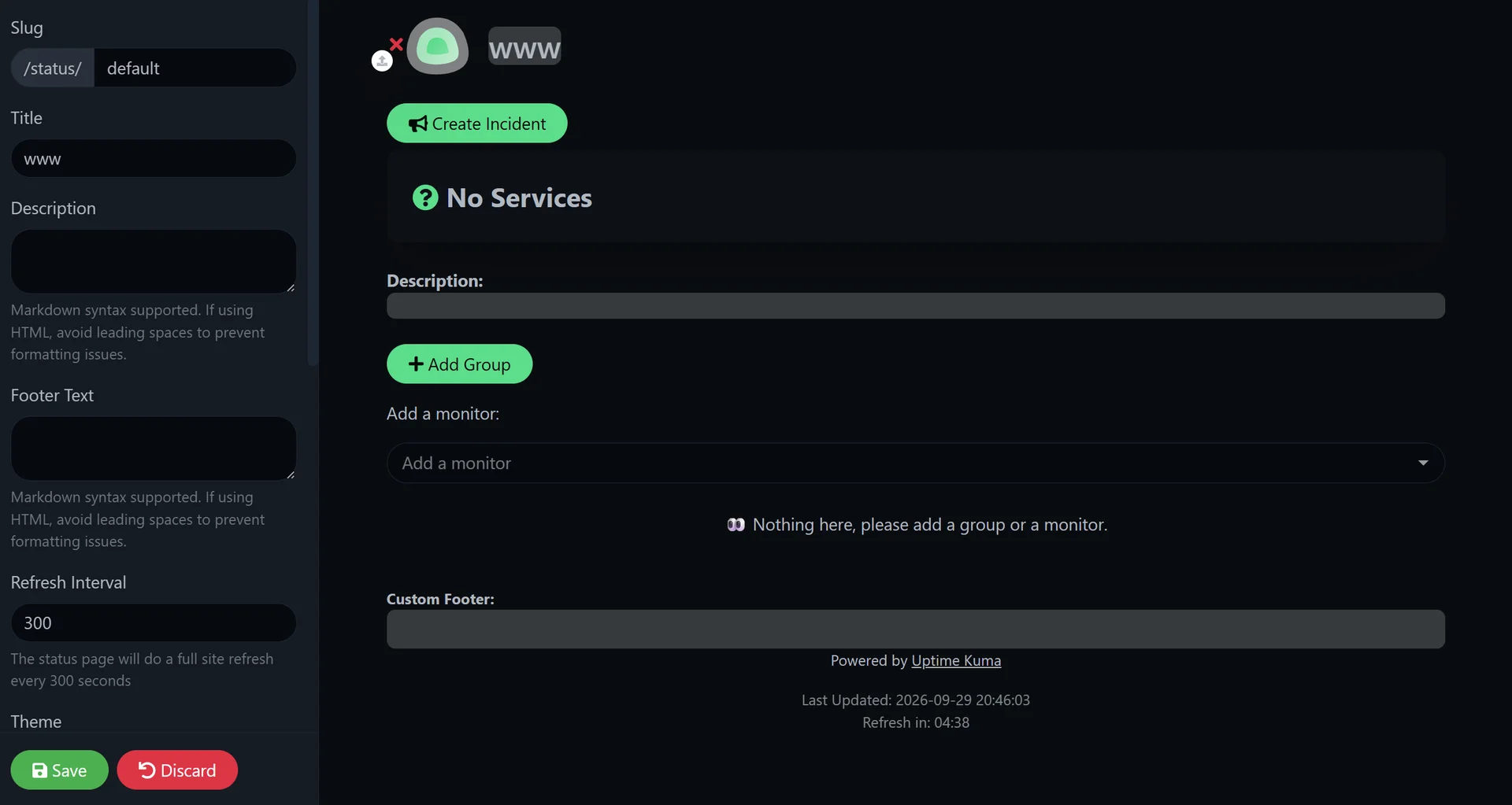 Uptime Kuma status page editor showing slug, title and monitor group configuration
