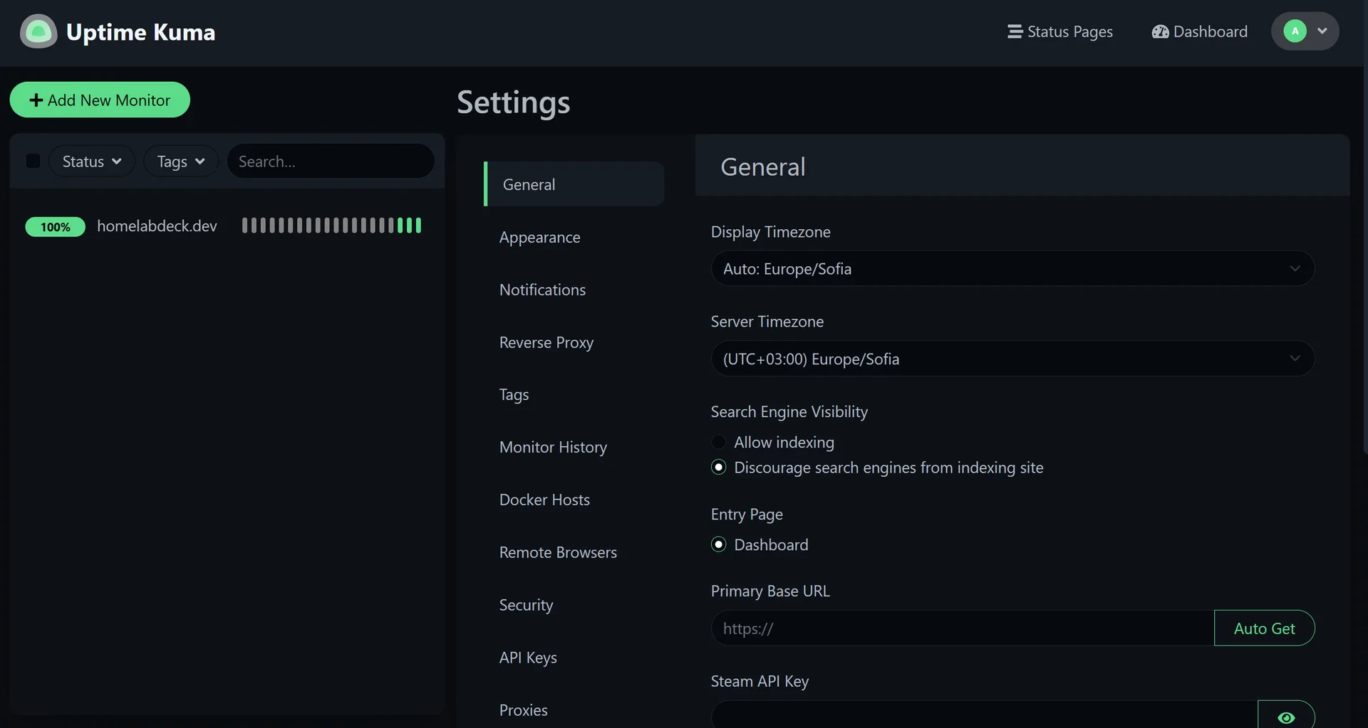 Uptime Kuma general settings screen showing timezone, entry page and search engine visibility options