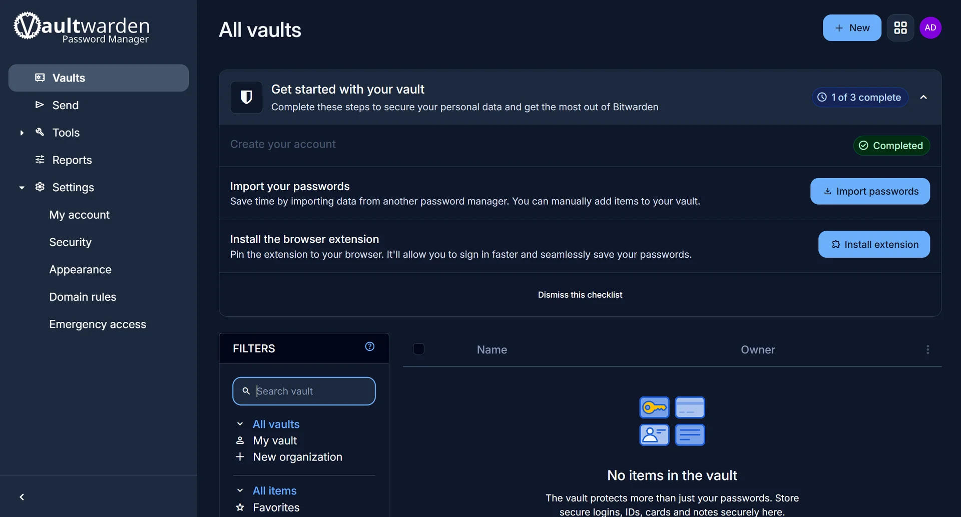 Vaultwarden web vault showing a list of stored logins and secure notes