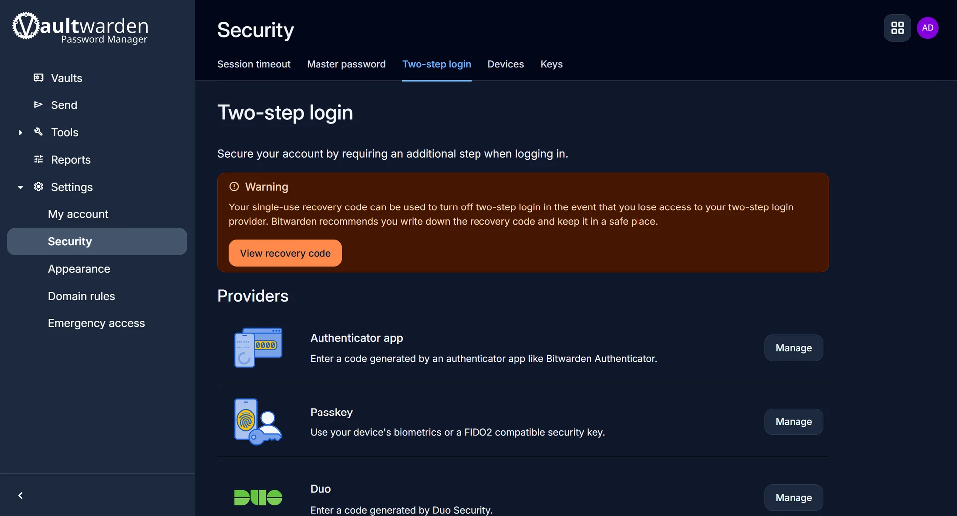 Vaultwarden two-step login settings showing authenticator app, passkey and Duo provider options