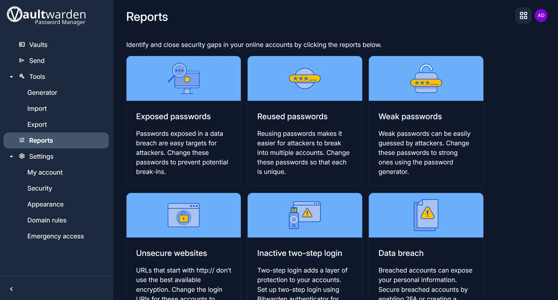 Vaultwarden security reports screen highlighting exposed, reused and weak passwords across the vault