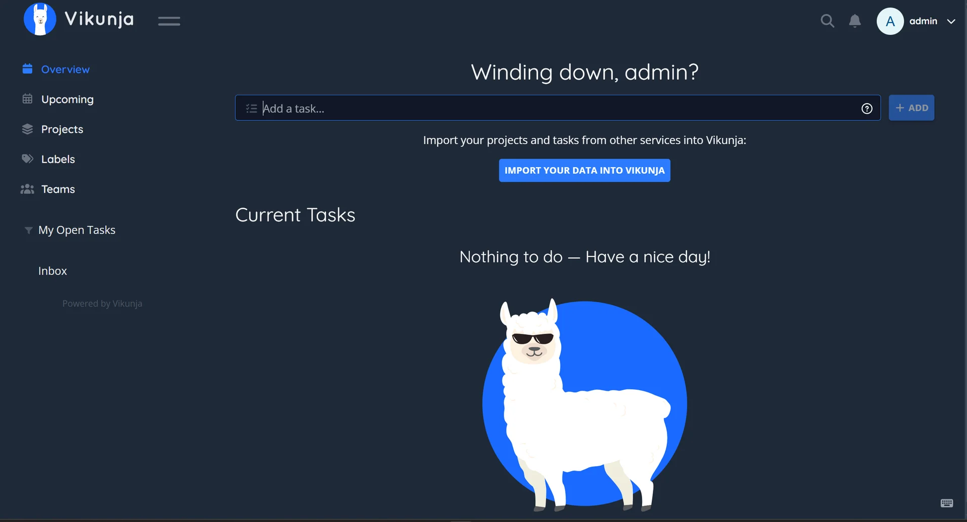 Vikunja overview page with quick task add and a friendly empty-state llama mascot