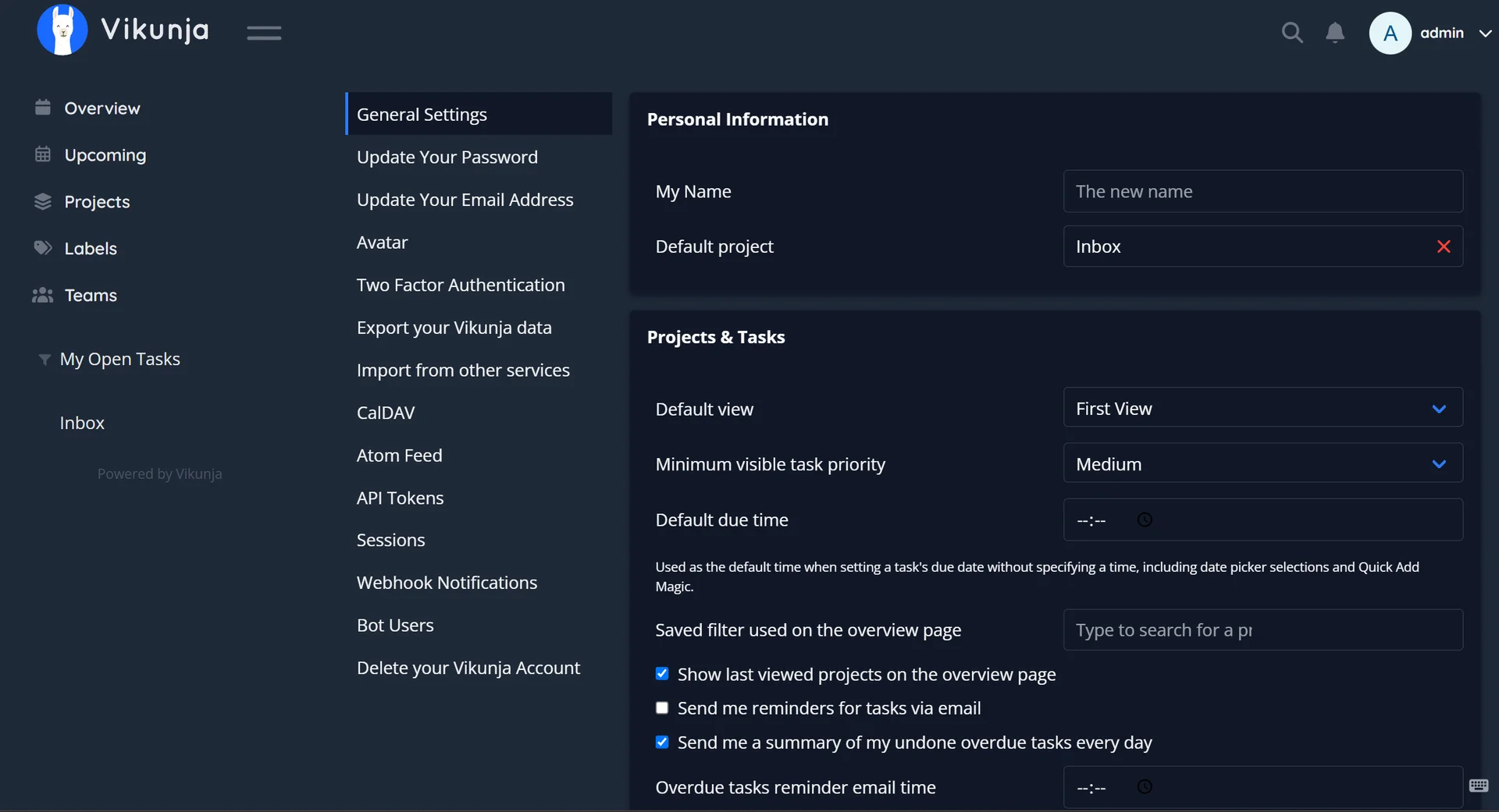 Vikunja general account settings screen showing default project, view and notification preferences