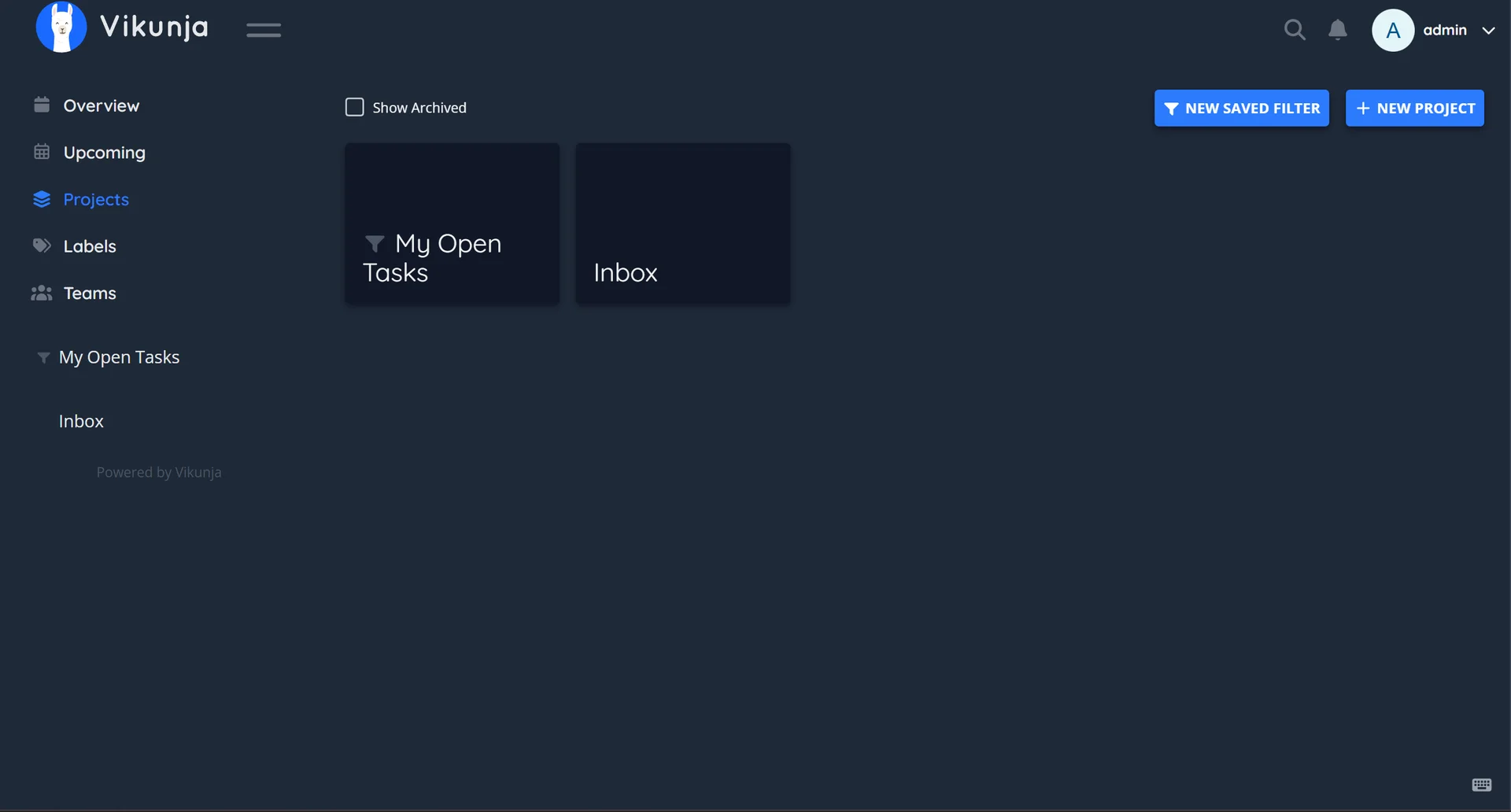Vikunja projects overview showing My Open Tasks and Inbox project cards