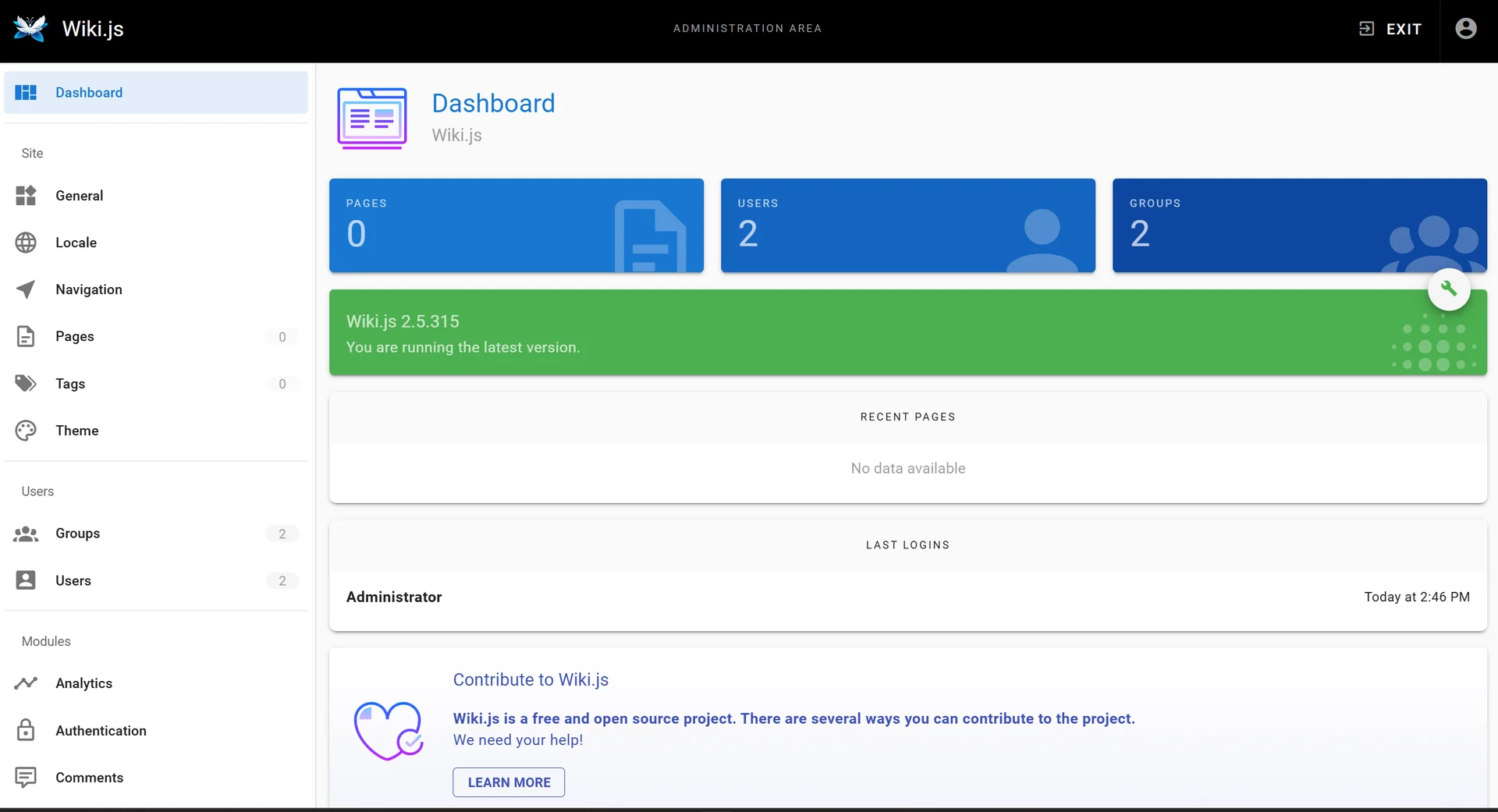 Wiki.js admin dashboard showing page, user and group counts along with recent pages and last logins