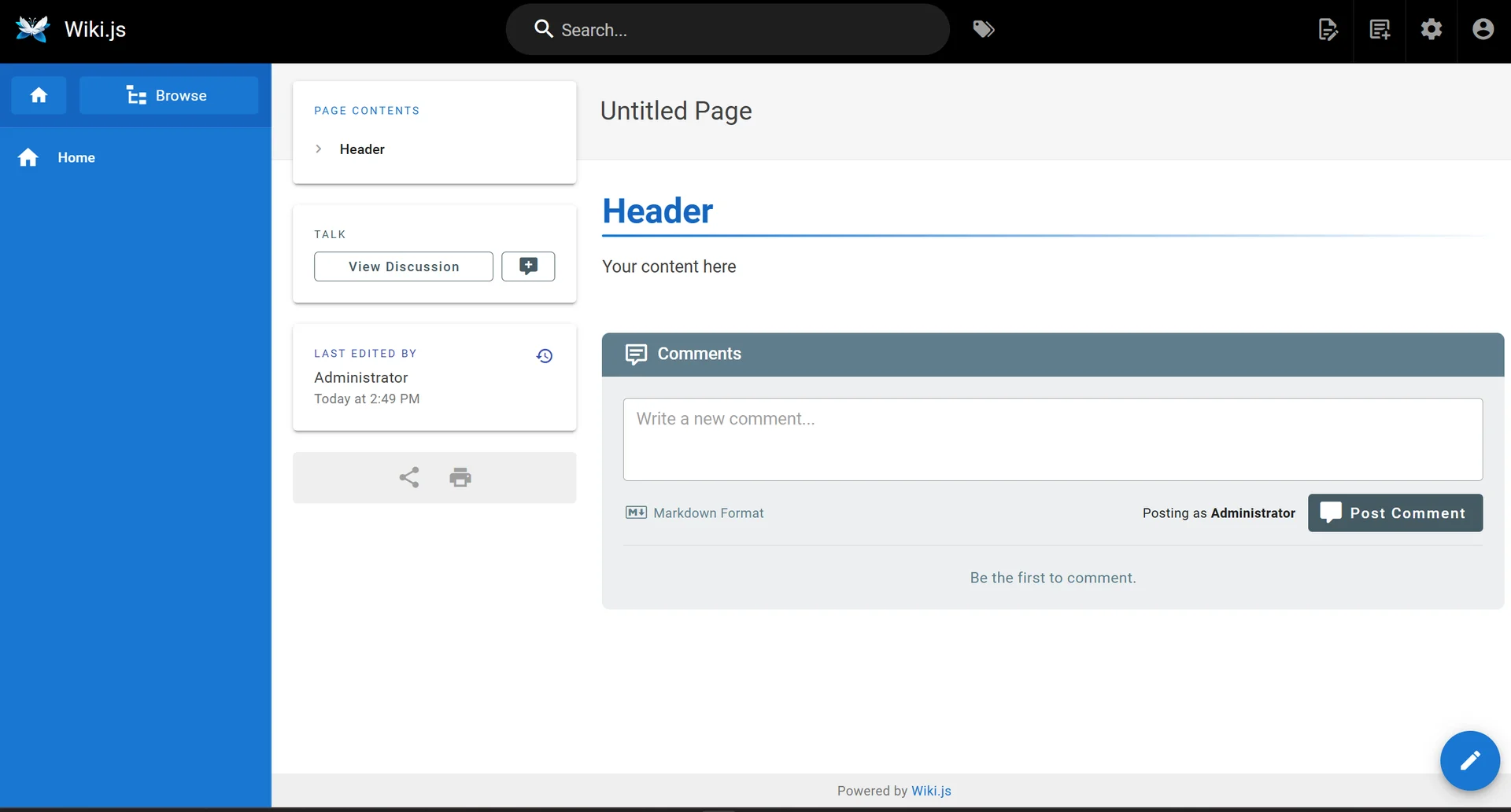 Wiki.js page view showing rendered content, discussion panel and comment section