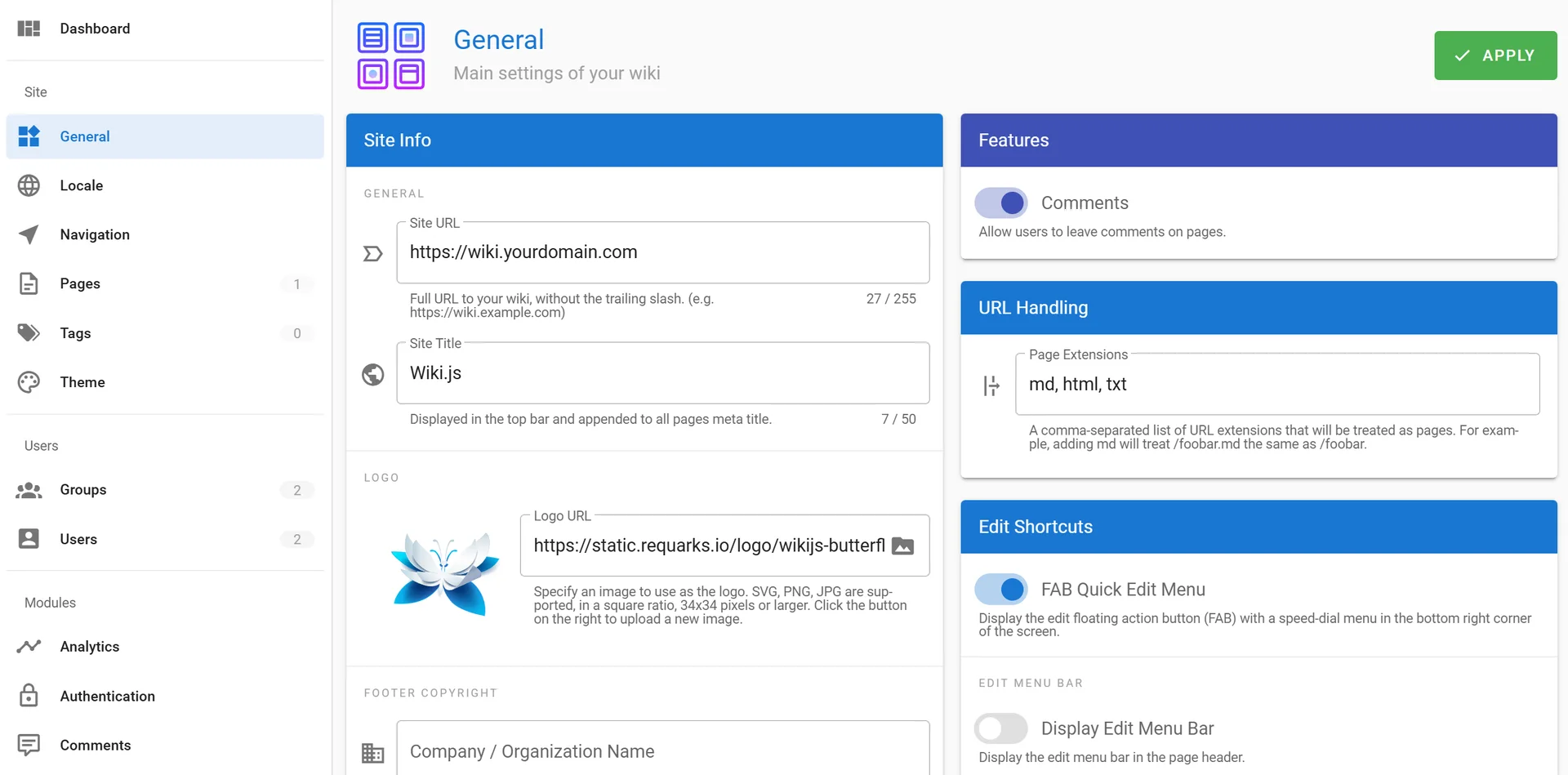 Wiki.js general site settings screen showing site URL, title, logo and feature toggles